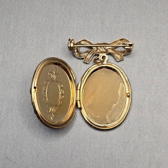 VTG Victorian Revival Gold-Tone Bow & Floral Locket Brooch 1.75" AB Rhinestones - Picture 6 of 11